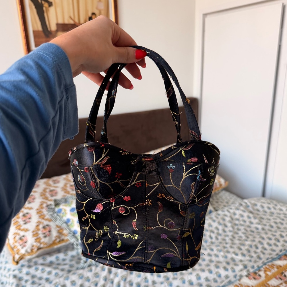 Vintage Black Floral Embroidered Bustier Mini Purse